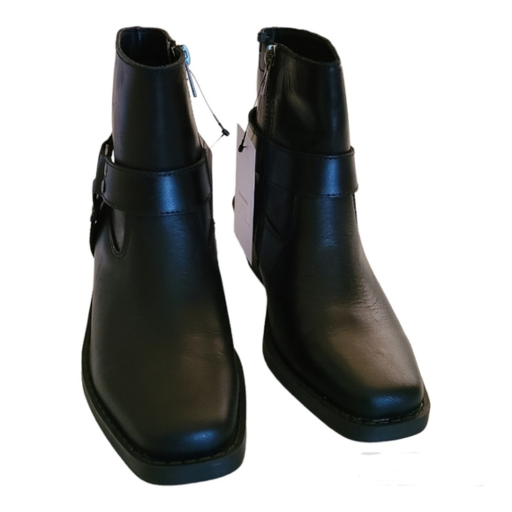 Sun + Stone Phoebie Ankle Boots Leather Motorcycle Moto Harness Square Toe 6.5